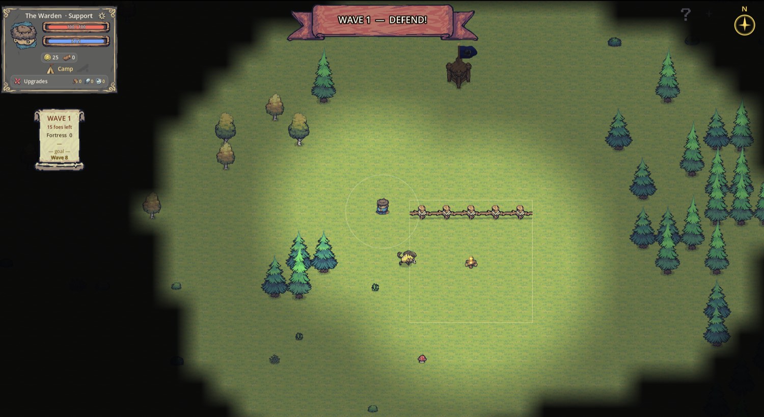 4TRESS gameplay — the ‘Wave 1 — Defend!’ banner, the Warden hero card and resources, and a goal tracker counting toward Wave 8, as the player lays the first wall by the campfire.
