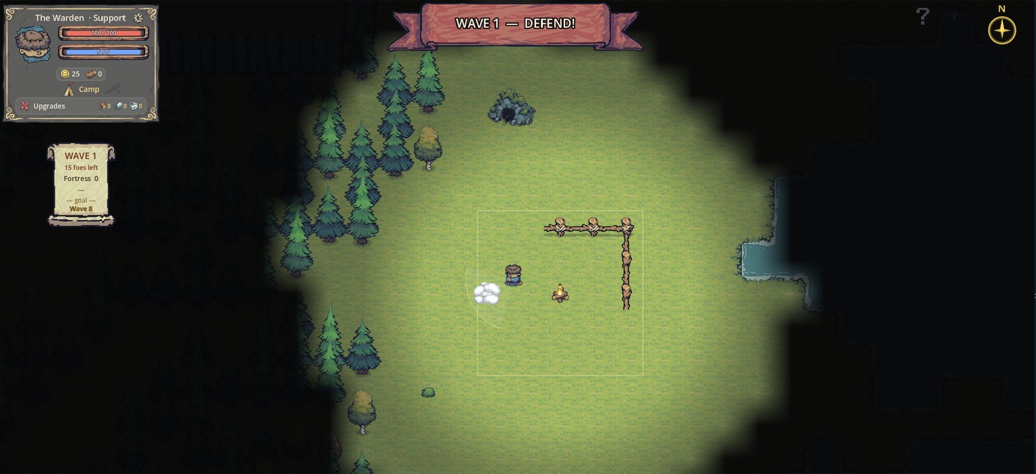 4TRESS gameplay — fog of war revealing a lake at the frontier while the player builds a walled corner around the campfire before the wave hits.