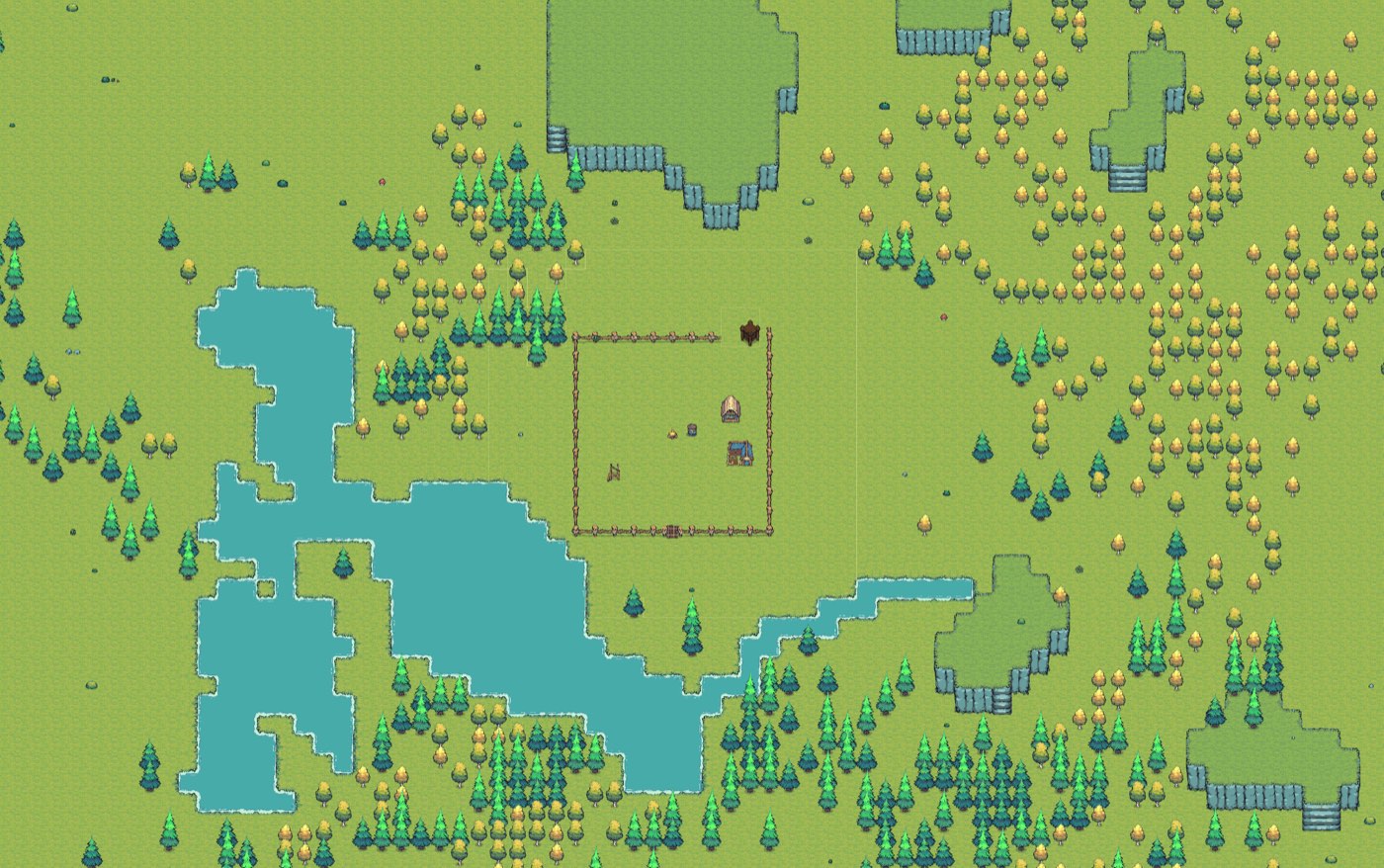 A walled fortress with a gate, house, and farm around a campfire, set in a procedurally‑generated world of lakes, forests, and cliffs — from the game 4TRESS.