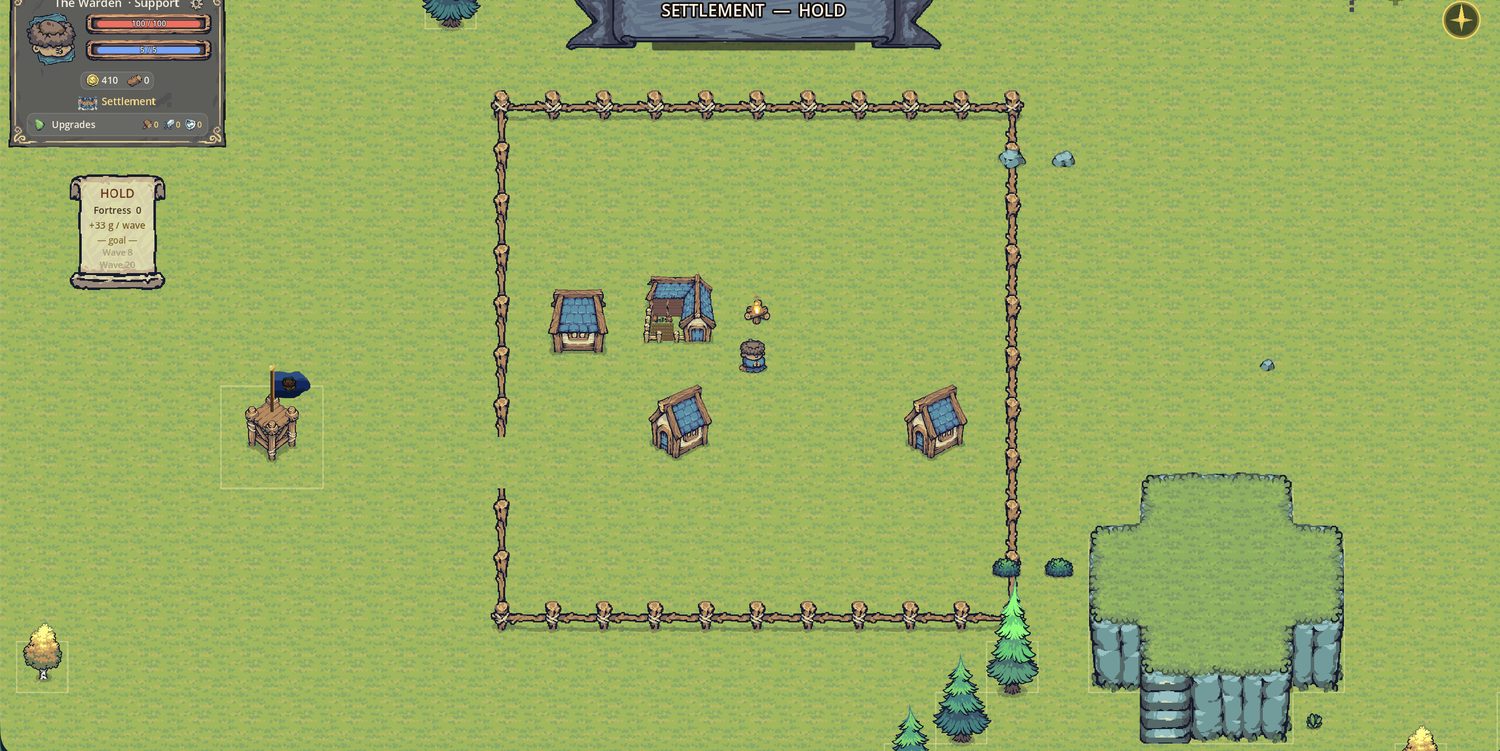 A player‑placed wooden wall frame surrounds a settlement of houses, a well, a watchtower and the campfire core on procedurally‑generated grassland beside a rock cliff — the ‘Settlement — Hold’ phase in the game 4TRESS.