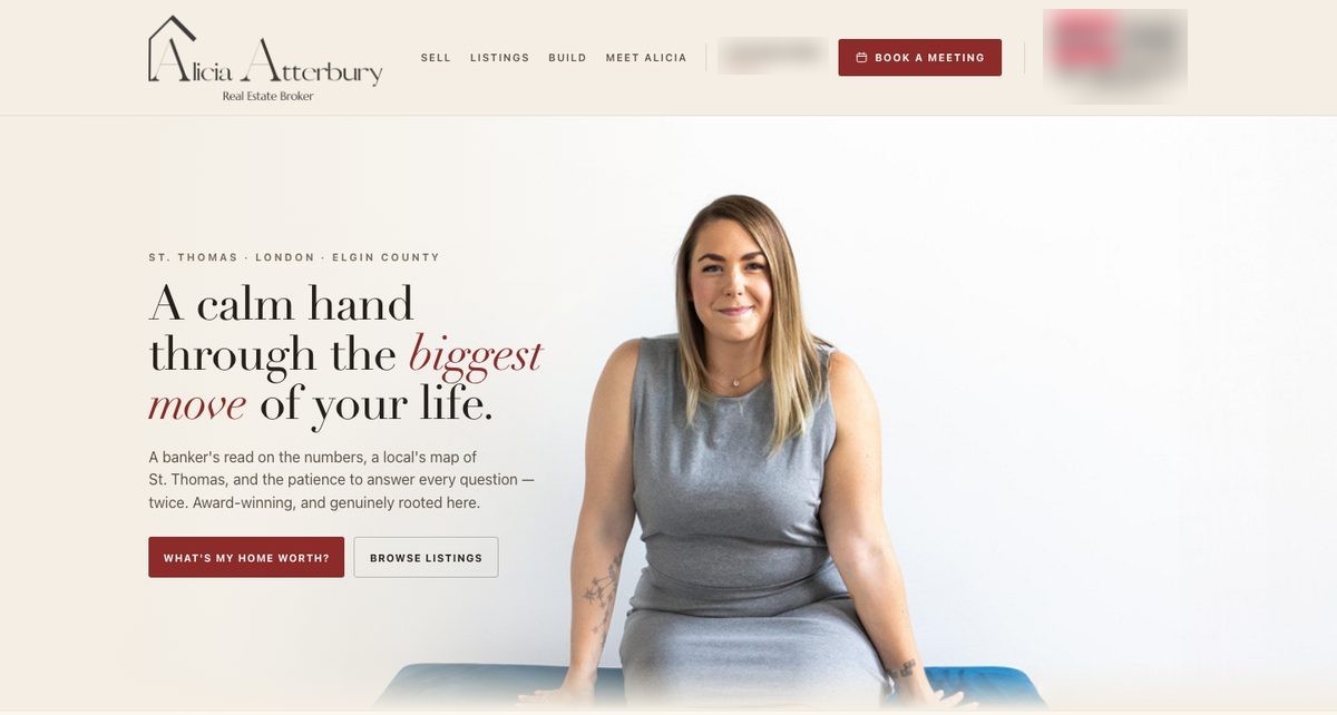 Atterbury Realty home page — an editorial real-estate website: a large serif headline 'a calm hand through the biggest move of your life' beside a portrait of the broker, over a warm cream palette with a maroon call-to-action