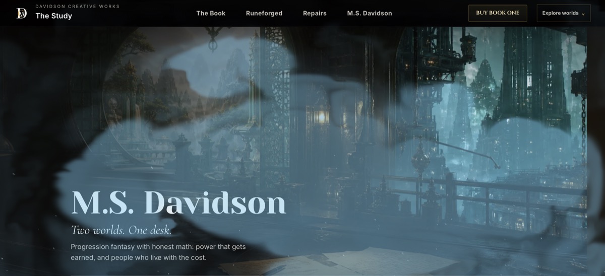 M.S. Davidson's website, Davidson Creative Works — a cinematic hero over ‘Two worlds. One desk.’