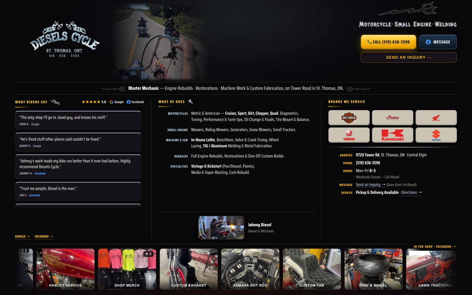 Diesels Cycle desktop site: a one-screen dashboard with the chrome masthead, a riding hero, call and inquiry actions, rider reviews, a services breakdown, serviced brands, and shop photos