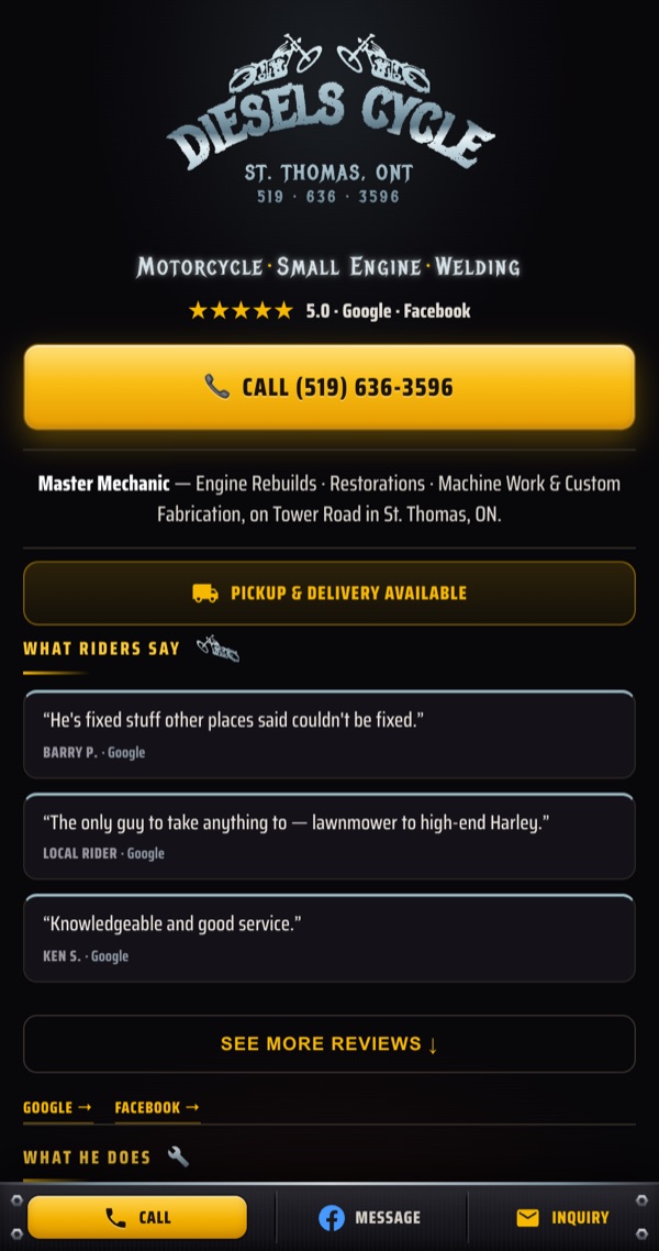 Diesels Cycle mobile site: a Call-first layout with a large one-tap call button, star reviews, a pickup and delivery banner, rider reviews, and a fixed bottom Call and Message bar