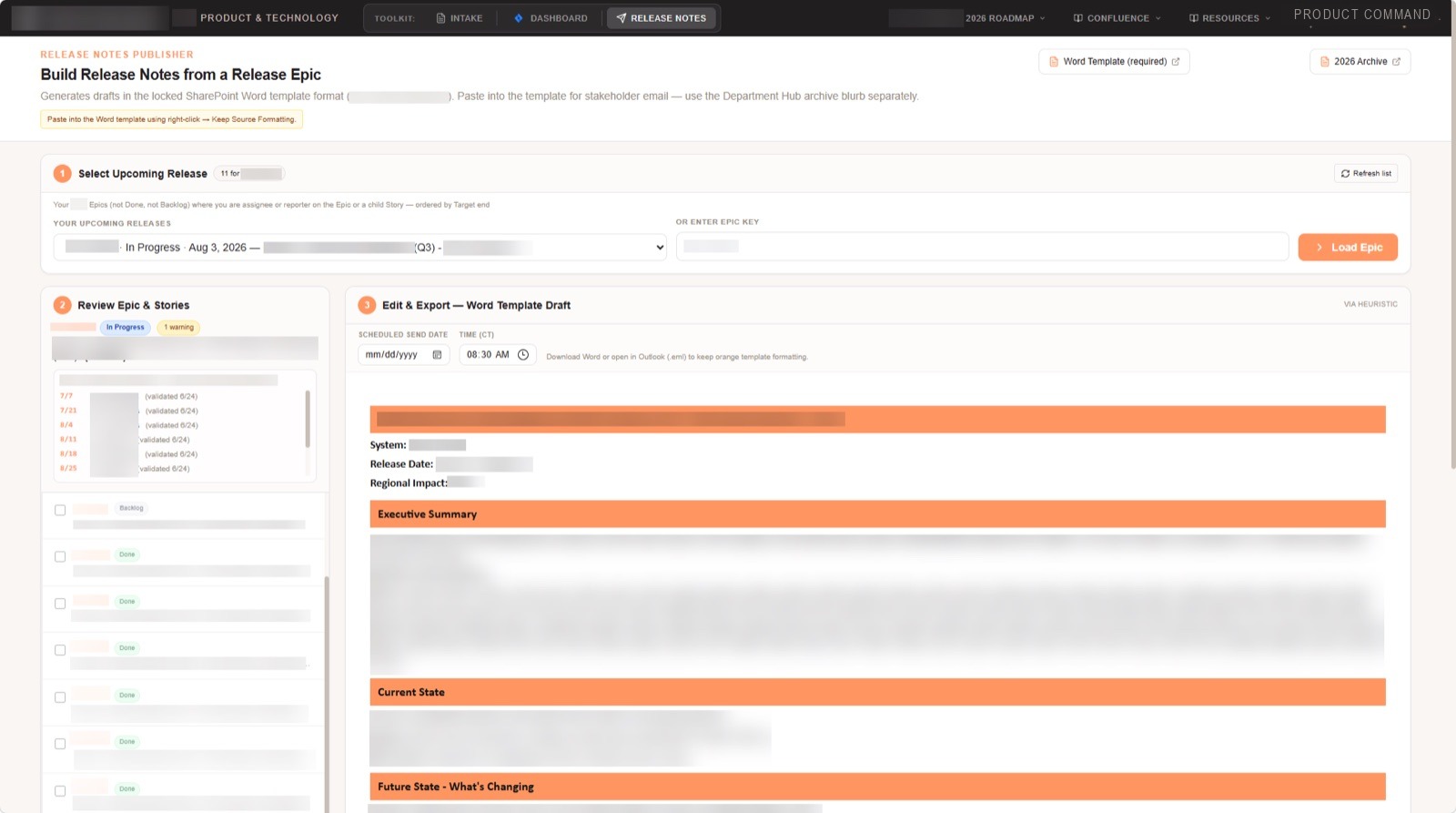 Product Command release-notes publisher — build release notes from a release Epic and export a ready-to-send Word draft