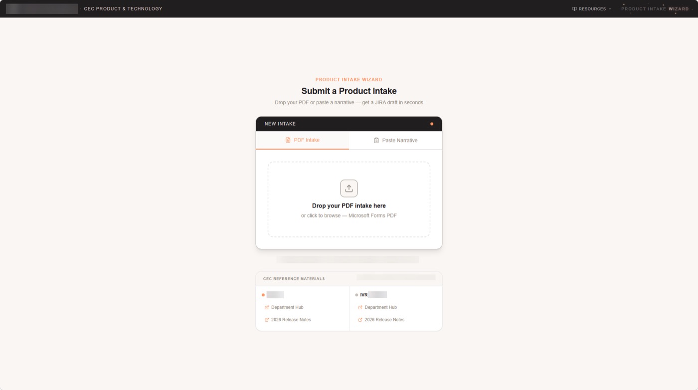 Product Intake Wizard — the submit screen: drop a completed intake PDF or paste an email/narrative to generate a JIRA draft