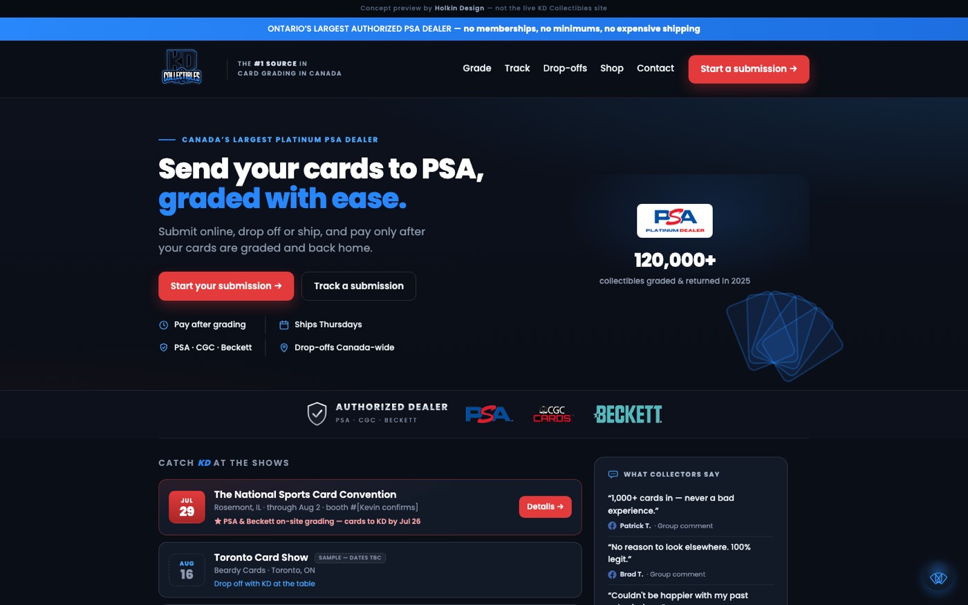 KD Collectibles concept homepage — ‘Send your cards to PSA, graded with ease’ hero with the Platinum PSA dealer badge and 120,000+ stat
