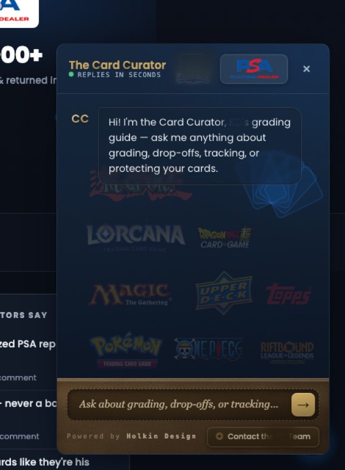 A concierge panel open on a collectibles shop — an antique-gold persona over a card-set watermark, with a leather field-journal input tray