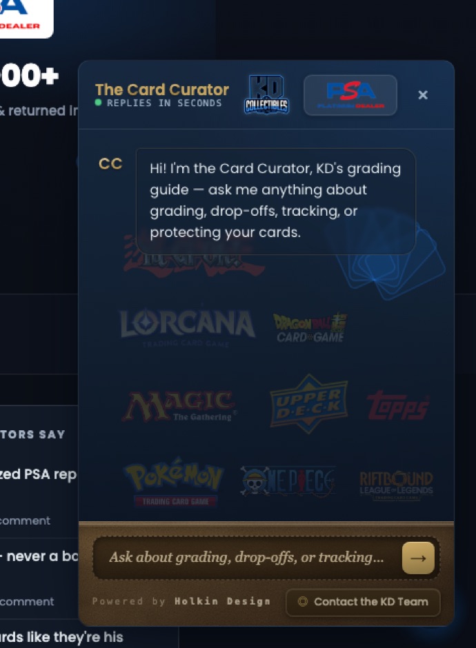 The Card Curator open on the concept site — an antique‑gold AI concierge over a card‑set watermark, with a leather ‘field journal’ input tray