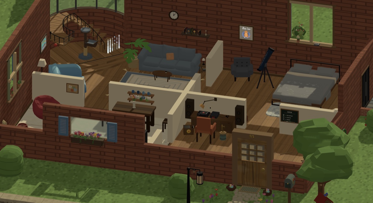 Louis Lounger 2.0 — isometric low-poly cutaway of Louis's lounge in daylight: spiral staircase, cat tower, record player, and the ‘LOUIS’ to-do board