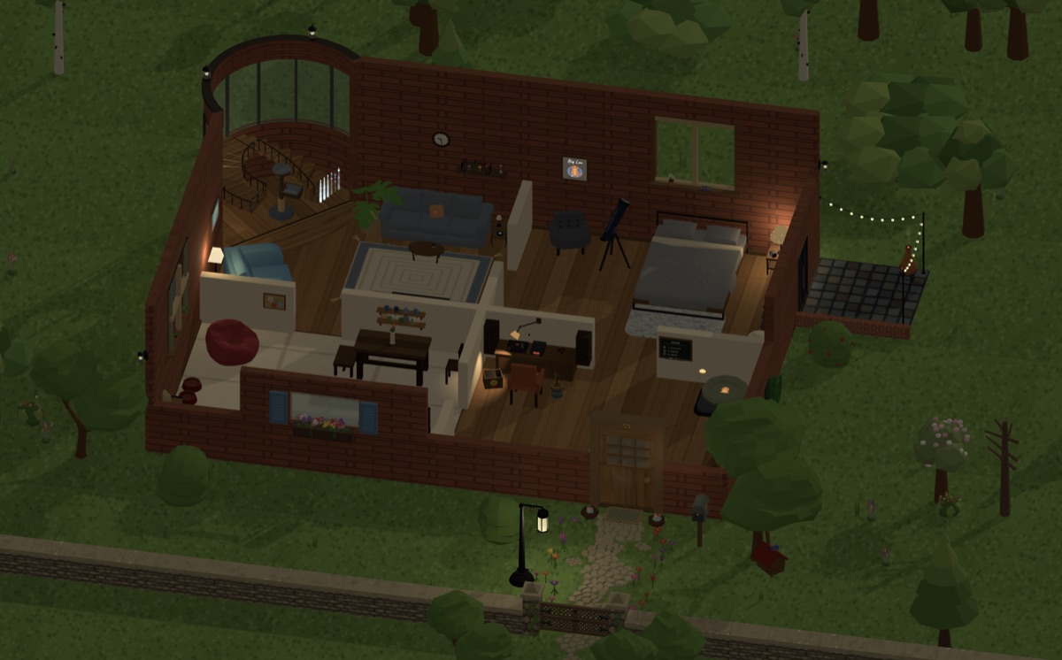 Louis Lounger 2.0 — wider golden-hour view of the house with string lights, a garden path, and warm interior lighting