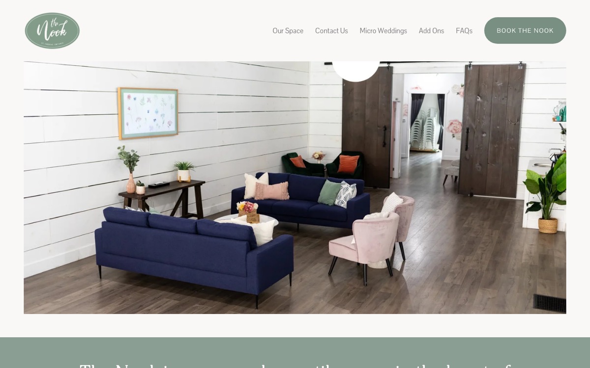 The Nook's current live homepage — full-bleed interior photo hero