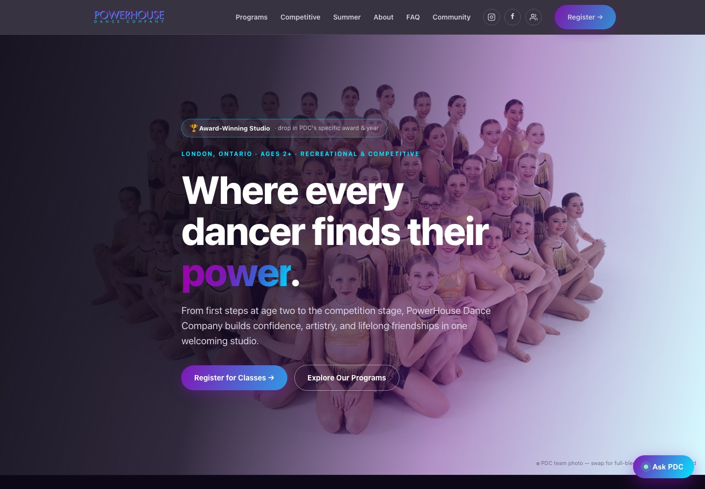 PowerHouse Dance Company redesign — a bold violet‑to‑cyan brand with a ‘find your power’ hero and clear program & registration paths