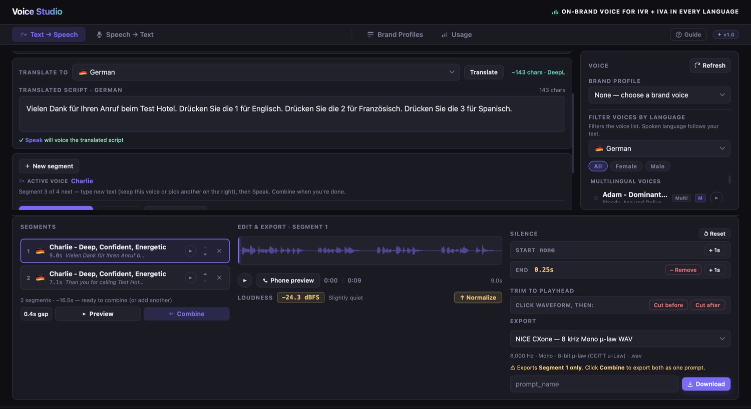 Voice Studio — authoring a hotel IVR prompt with DeepL translation and a NICE CXone telephony export