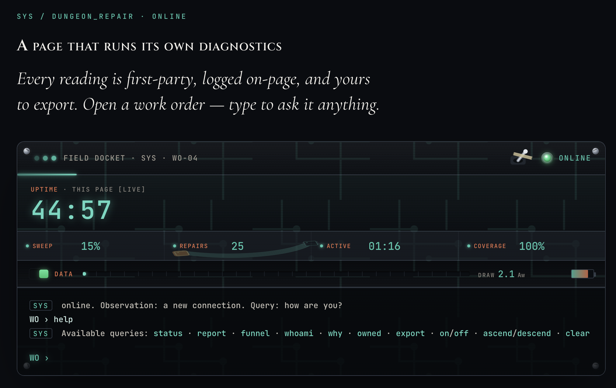 The same page re-skinned for Rivera's Repairs: a teal DUNGEON_REPAIR heads-up display — the identical instrument, flipped to the second world.