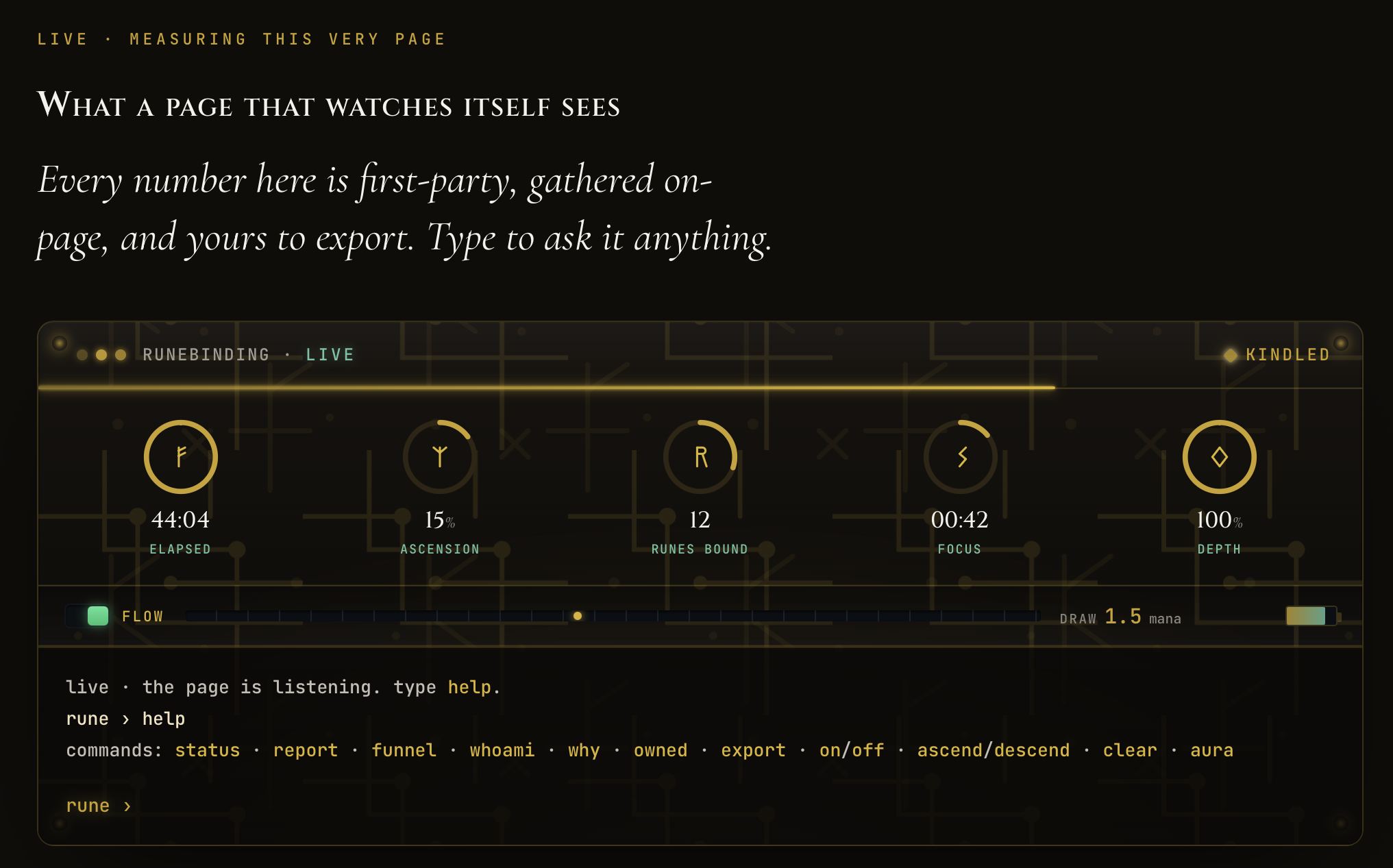 The Runeforged skin: a gold RUNEBINDING heads-up display with rune dials and an in-character console.